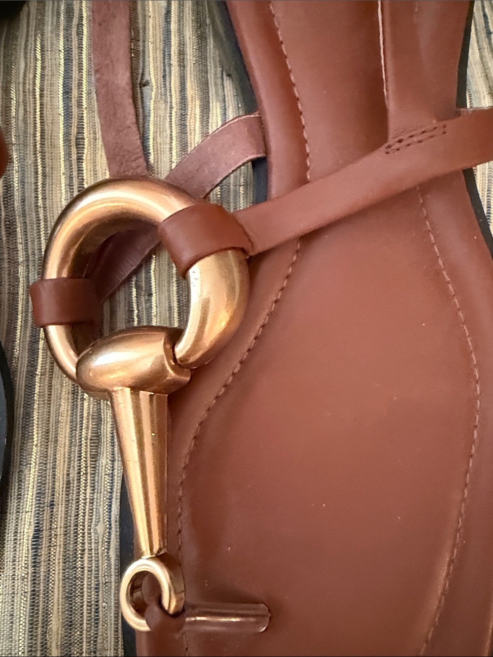 Jeffrey Campbell Brown Leather T-Strap Sandals with Gold Horsebit Accent - Picture 5 of 10